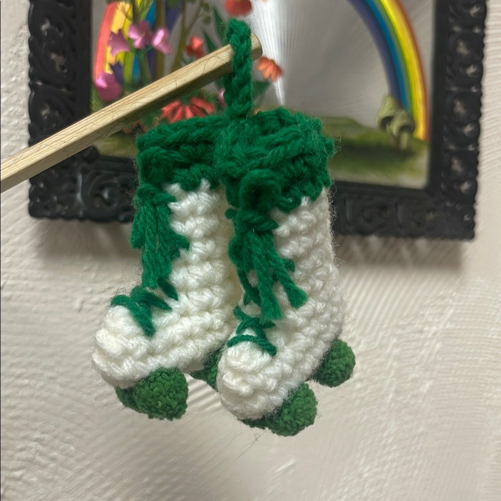 Vintage Green and White Crochet Roller Skate Ornament